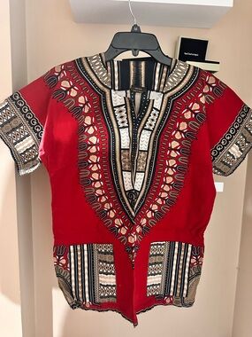 Red Dashiki Top with Tribal Print